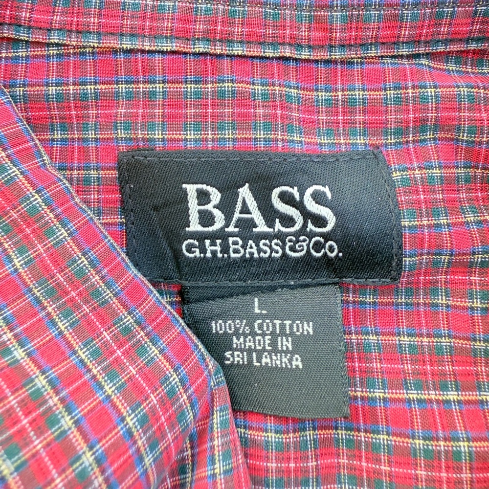 Vintage Bass Men’s Button-Down Plaid Shirt Red Green Blue 100% Cotton Size L